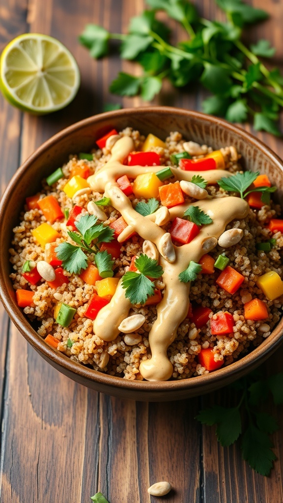 A colorful Thai quinoa salad with bell peppers, carrots, and herbs, topped with peanut dressing and peanuts on a wooden table.